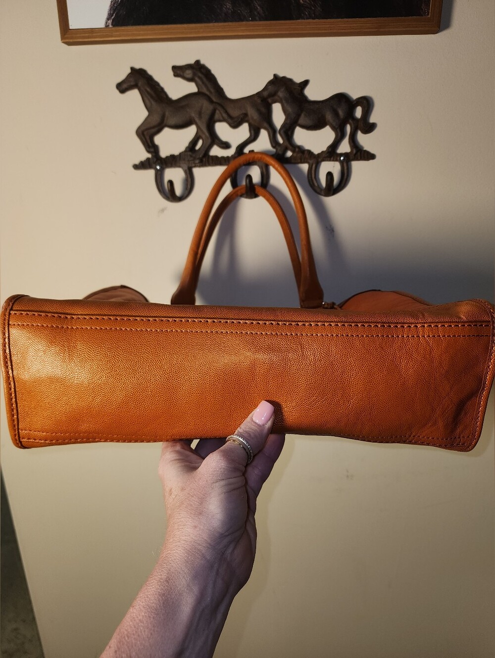 Cole Haan Burnt Orange Textured Leather Kendra Valise Tote Purse Caramel Trim - Picture 6 of 9